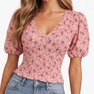 Nine West Top Smocked Floral Puff Sleeve Peach Pink C-Neck S Feminine Boho